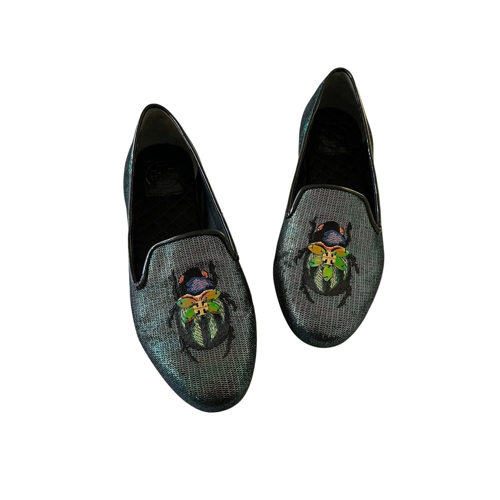 TORY BURCH Cailyn Holographic Scarab Beetle Iridescent Embroidered Loafer Flats - Picture 3 of 12